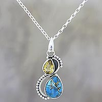 Citrine pendant necklace, 'Two Teardrops' - Citrine and Composite Turquoise Teardrop Pendant Necklace