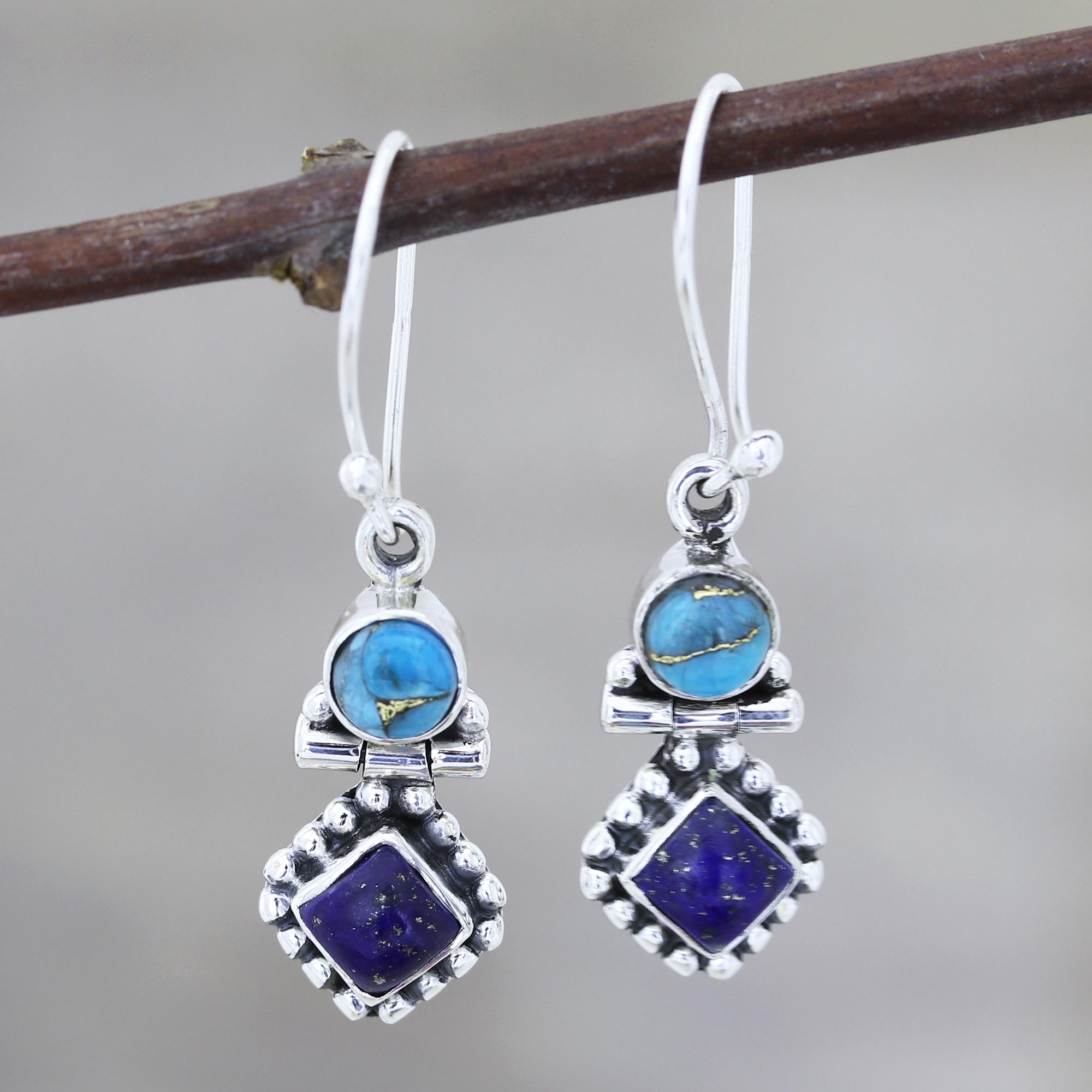 Lapis Lazuli And Composite Turquoise Dangle Earrings Enchanting Duo