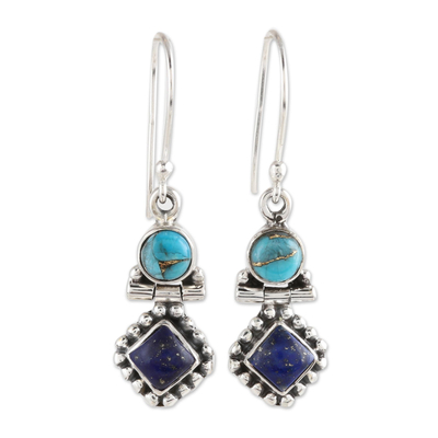 Lapis lazuli dangle earrings, 'Enchanting Duo' - Lapis Lazuli and Composite Turquoise Dangle Earrings