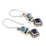 Lapis lazuli dangle earrings, 'Enchanting Duo' - Lapis Lazuli and Composite Turquoise Dangle Earrings