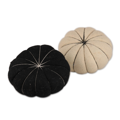 Wool felt decorative accents, 'Elegant Pumpkins' (pair) - Black and Ivory Pumpkin Decorative Accents from India (Pair)