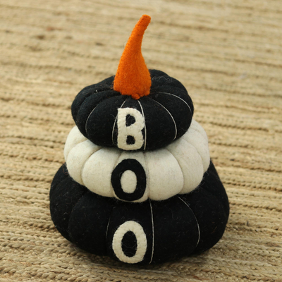 Wool felt decorative accent, 'Boo' - Halloween-Themed Wool Felt Pumpkin Decorative Accent