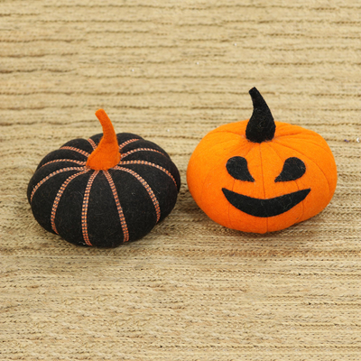 Wool felt decorative accents, 'Cute Halloween' (pair) - Wool Felt Jack-O-Lantern Decorative Accents (Pair)