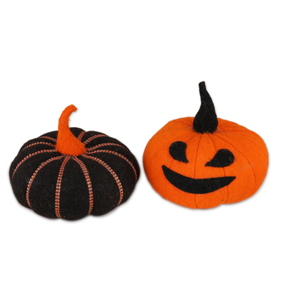 Wool felt decorative accents, 'Cute Halloween' (pair) - Wool Felt Jack-O-Lantern Decorative Accents (Pair)