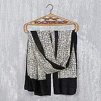 Block-printed silk scarf, 'Onyx Bubbles' - Modern Silk Wrap Scarf in Onyx and Ivory from India