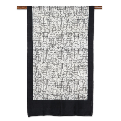 Block-printed silk scarf, 'Onyx Bubbles' - Modern Silk Wrap Scarf in Onyx and Ivory from India