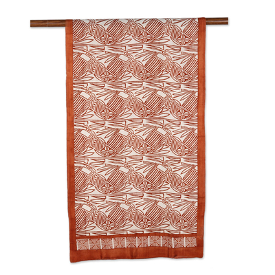 Block-printed silk scarf, 'Russet Abstraction' - Abstract Russet and Ivory Silk Wrap Scarf from India