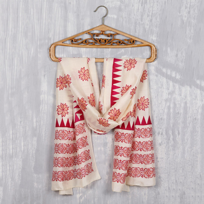 Block-printed silk scarf, 'Fuchsia Blossoms' - Fuchsia and Ivory Floral Silk Wrap Scarf from India