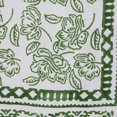 Block-printed silk scarf, 'Avocado Bouquet' - Block-Printed Avocado Floral Motif Silk Scarf from India