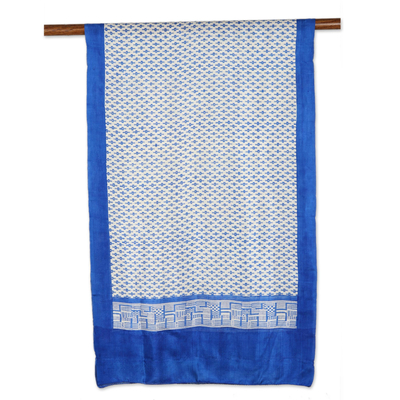 Block-printed silk scarf, 'Starry Fascination' - Geometric Lapis and Ivory Silk Wrap Scarf from India