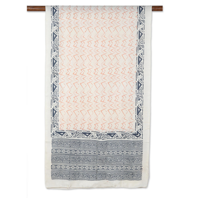 Block-printed silk scarf, 'Modern Beauty' - Block-Printed Geometric Silk Wrap Scarf from India