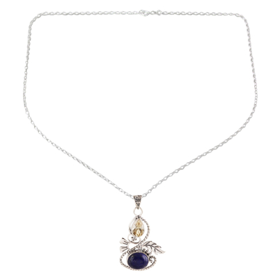 Citrine and lapis lazuli pendant necklace, 'Delightful Garden' - Leafy Citrine and Lapis Lazuli Pendant Necklace from India