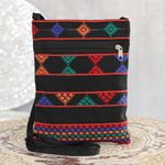 Cotton sling bag, 'Geometric Pattu' - Geometric Cotton Sling in Black and Multicolor from India