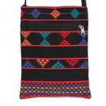 Cotton sling bag, 'Geometric Pattu' - Geometric Cotton Sling in Black and Multicolor from India