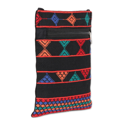 Cotton sling bag, 'Geometric Pattu' - Geometric Cotton Sling in Black and Multicolor from India