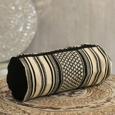 Cotton cosmetic bag, 'Alabaster Stars' - Alabaster and Black Cotton Cosmetic Bag from India