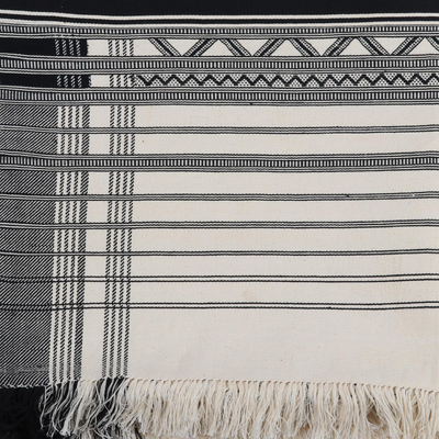 Manta de algodón - Manta de algodón con rayas geométricas en negro y alabastro