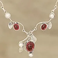 Garnet and cultured pearl pendant necklace, 'Enthralling Beauty' - Leaf Motif Garnet and Cultured Pearl Necklace from India