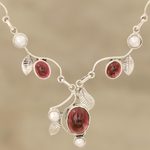 Garnet and cultured pearl pendant necklace, 'Enthralling Beauty' - Leaf Motif Garnet and Cultured Pearl Necklace from India