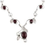 Garnet and cultured pearl pendant necklace, 'Enthralling Beauty' - Leaf Motif Garnet and Cultured Pearl Necklace from India
