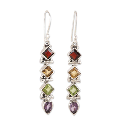 Multi-gemstone dangle earrings, 'Gemstone Fusion' - Faceted Multi-Gemstone Dangle Earrings from India