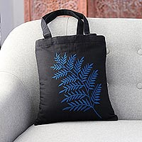 Frond Motif Cotton Shoulder Bag in Blue and Black from India,'Beautiful Frond in Blue'