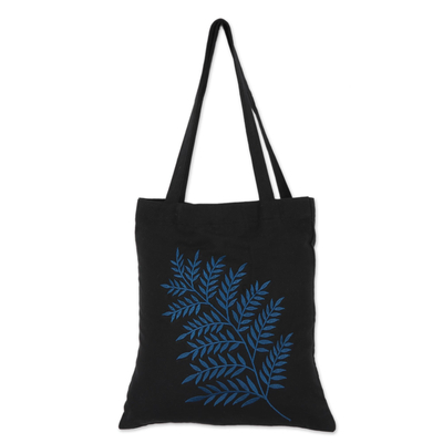 Frond Motif Cotton Shoulder Bag in Blue and Black from India