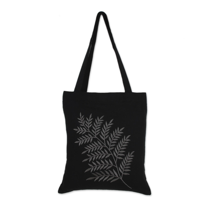 Frond Motif Cotton Shoulder Bag in Ash and Black from India