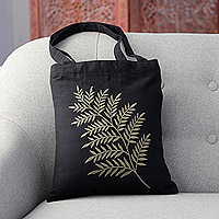 Frond Motif Cotton Shoulder Bag in Sage and Black from India,'Beautiful Frond in Sage'