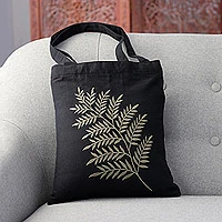 Cotton shoulder bag, 'Beautiful Frond in Sage' - Frond Motif Cotton Shoulder Bag in Sage and Black from India