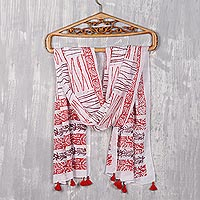 Bufanda de algodón con estampado block - Bufanda cruzada de algodón con estampado de amapolas y granate de India