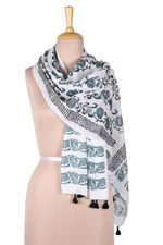 Block-printed cotton scarf, 'Bouquet Bliss' - Floral Block-Printed Cotton Wrap Scarf from India