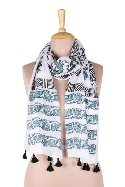 Block-printed cotton scarf, 'Bouquet Bliss' - Floral Block-Printed Cotton Wrap Scarf from India