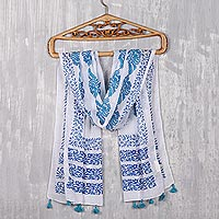 Block-printed cotton scarf, 'Pure Bouquet' - Turquoise and Lapis Floral Cotton Scarf from India
