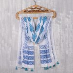 Block-printed cotton scarf, 'Pure Bouquet' - Turquoise and Lapis Floral Cotton Scarf from India