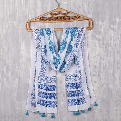 Bufanda de algodón con estampado block - Bufanda de algodón floral turquesa y lapislázuli de la India