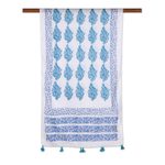 Block-printed cotton scarf, 'Pure Bouquet' - Turquoise and Lapis Floral Cotton Scarf from India