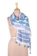 Block-printed cotton scarf, 'Pure Bouquet' - Turquoise and Lapis Floral Cotton Scarf from India