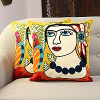 Embroidered cotton cushion covers, 'Kashmiri Woman' (pair) - Cushion Covers Embroidered with the Image of a Woman (Pair)