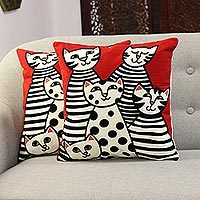 Embroidered cotton cushion covers, Cat Family (pair)