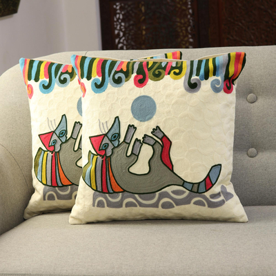 Embroidered cotton cushion covers, 'Playful Kitten' (pair) - Cotton Cushion Covers Embroidered with a Cat (Pair)