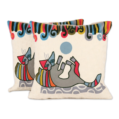 Cotton Cushion Covers Embroidered with a Cat (Pair)