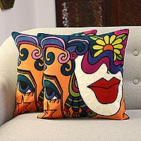 Embroidered cotton cushion covers, 'Female Beauty' (pair) - Feminine Embroidered Cotton Cushion Covers from India (Pair)