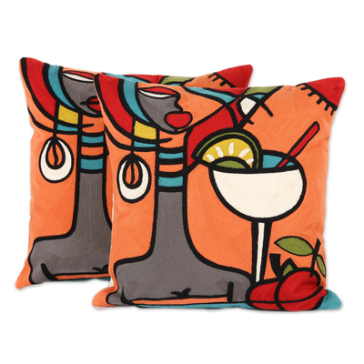 Embroidered cotton cushion covers, 'Margarita Time' (pair) - Margarita-Themed Embroidered Cotton Cushion Covers (Pair)