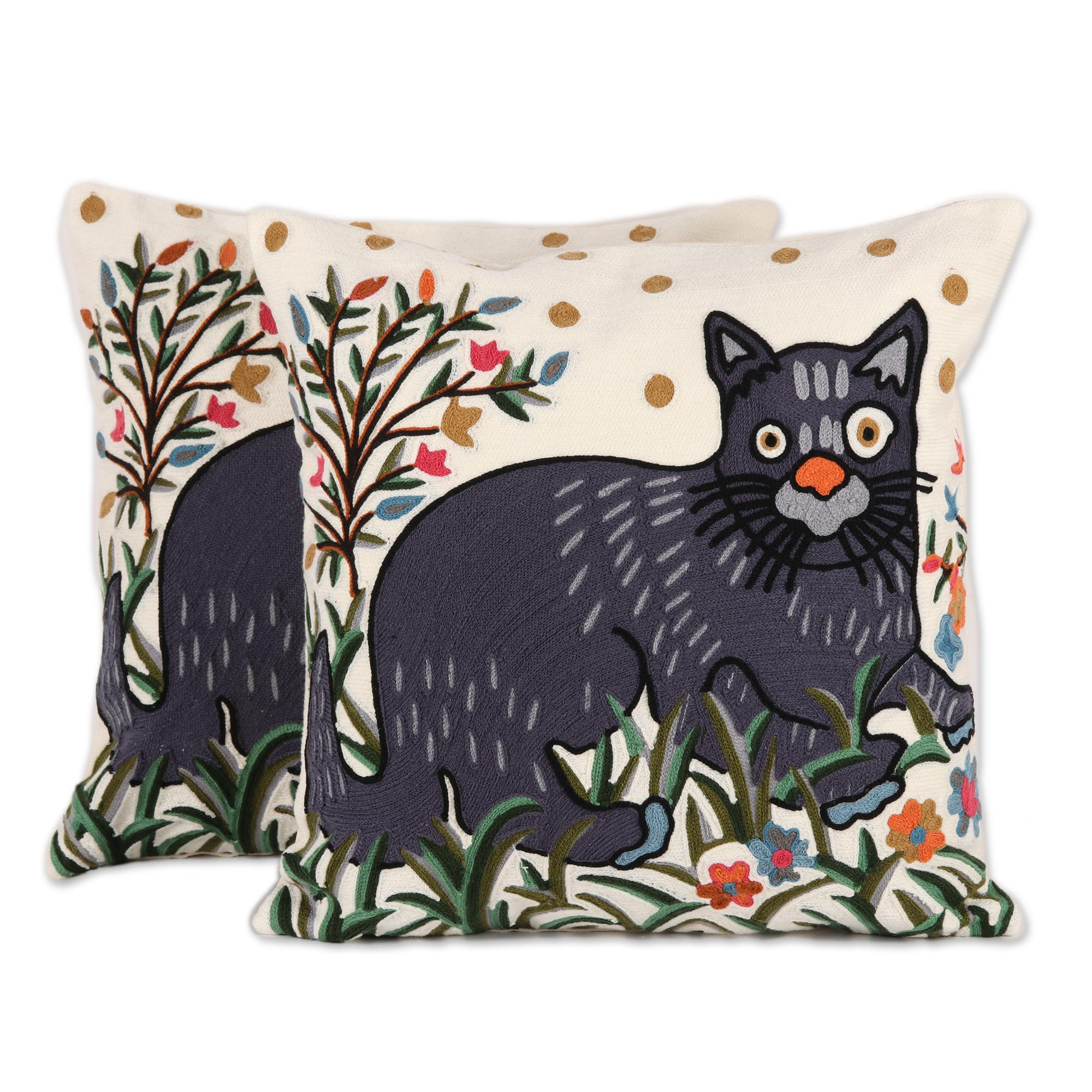 Cat-Themed Embroidered Cotton Cushion Covers (Pair) - Funny Cat | NOVICA