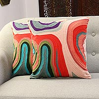 Embroidered cotton cushion covers, 'Abstract Morning' (pair) - Abstract Embroidered Cotton Cushion Covers from India (Pair)