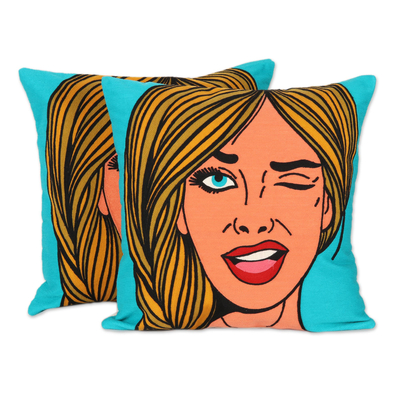 Embroidered Cotton Cushion Covers of a Woman Winking (Pair)