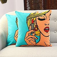 Embroidered cotton cushion covers, 'Lipstick' (pair) - Embroidered Cotton Cushion Covers of a Woman (Pair)