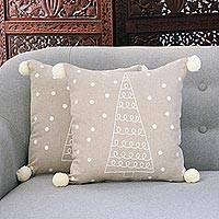 Cotton cushion covers, 'Holiday Muse' (pair) - Pine Tree-Themed Cotton Cushion Covers from India (Pair)
