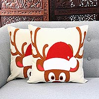 Cotton cushion covers, 'Whimsical Reindeer' (pair) - Reindeer-Themed Cotton Cushion Covers from India (Pair)